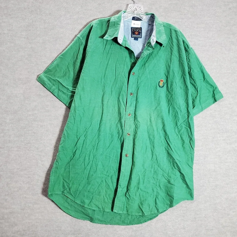 VINTAGE Chaps Ralph Lauren Men Button Up Shirt L Green Logo Short Sleeve READ